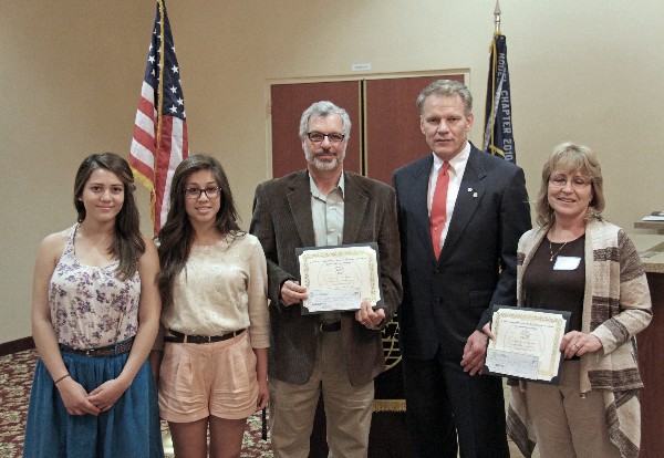 Science Teaching Tools Award recipients at the April meeting are (l-r) students Gabriela Ruiz and Tania Reyes from Mission Hills High School along with Victor Zonana, a science teacher at the school; Witzel; and Angie Knappenberger, El Camino High School science teacher.